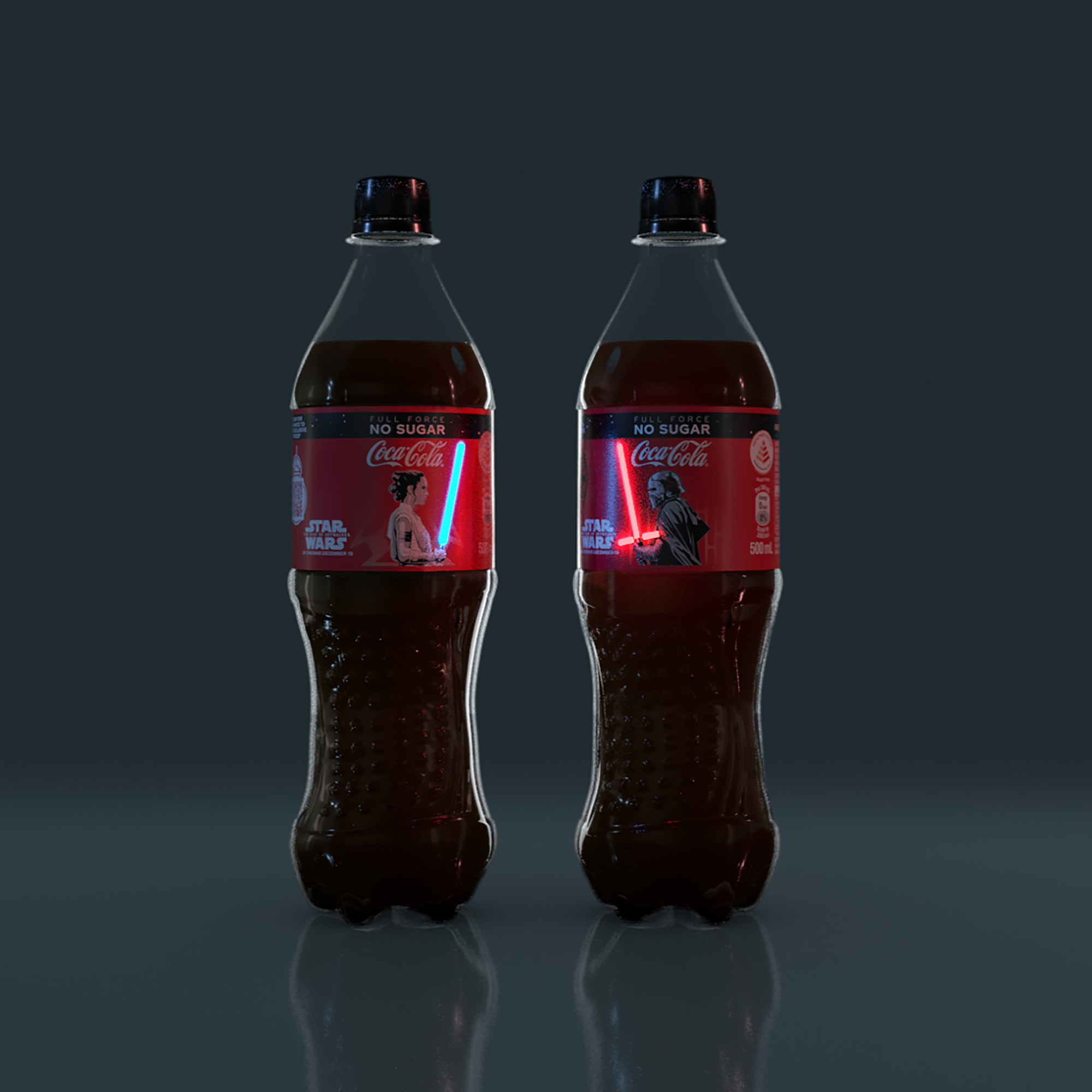 Limitowane butelki Coca-Cola ze święcącymi etykietami termokurczliwymi przedstawiające Rey i Kylo Rena